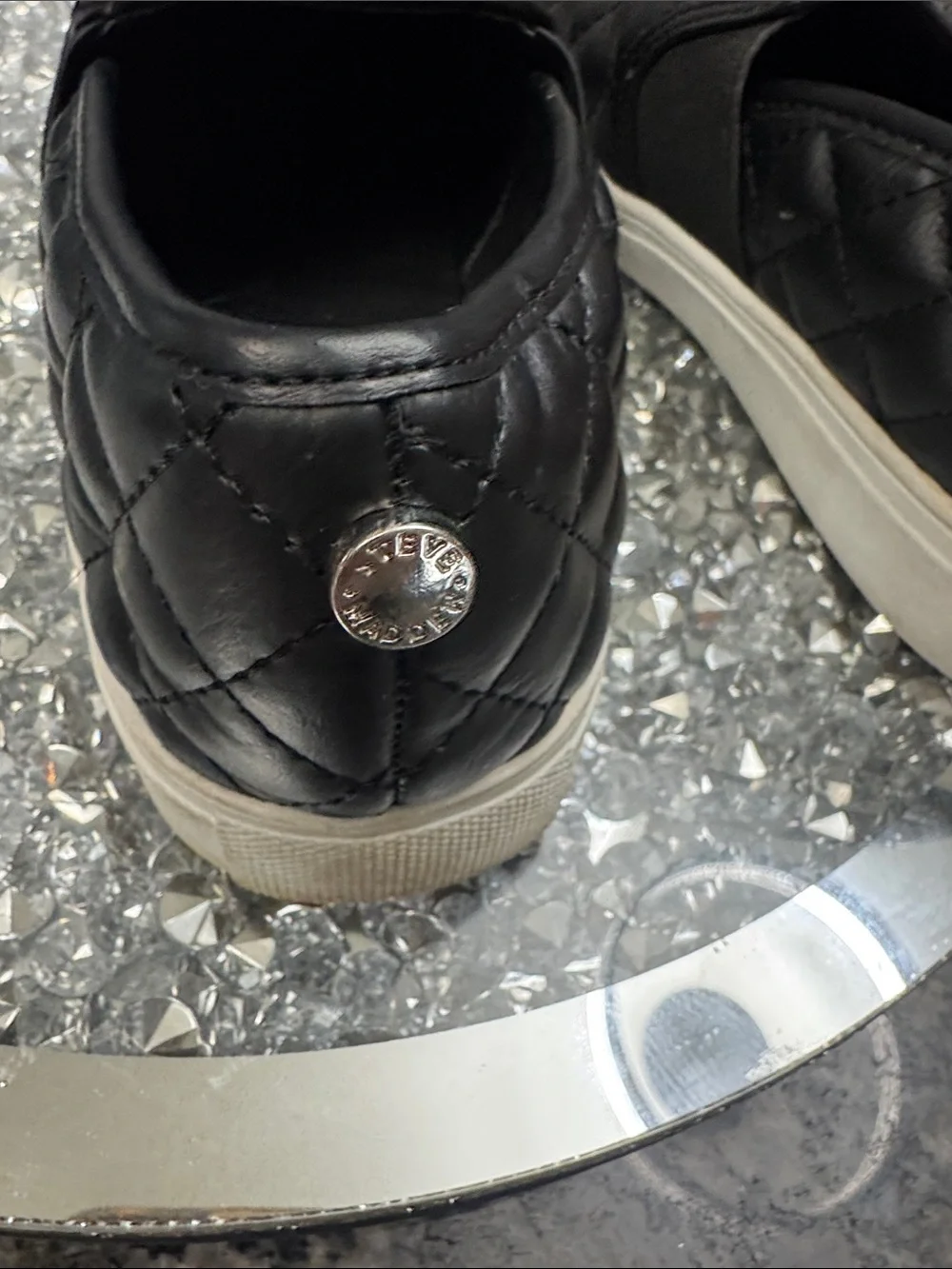 Steve Madden Black Quilted Slip-On Sneakers with White Sole 8.5